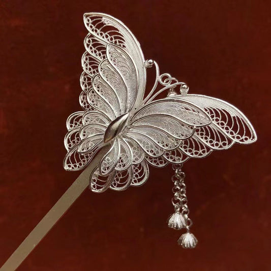 Handcrafted Vintage Chinese Style 999 Sterling Silver Filigree Butterfly Hairpin