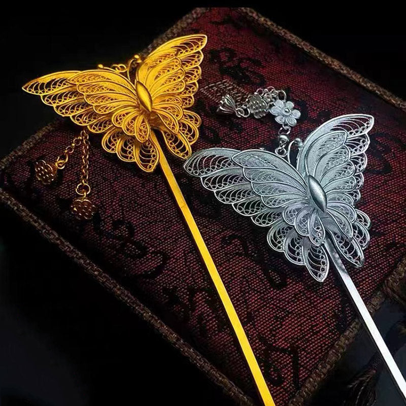 Épingle à cheveux papillon en filigrane en argent sterling 999 de style chinois vintage fabriqué à la main