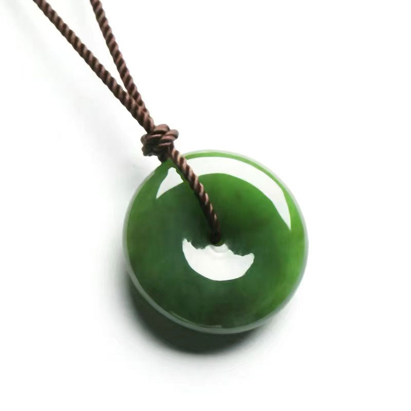 Natural Hetian Green Nephrite Chinese「Ping An Kou」Pendant Necklace for Women and Men