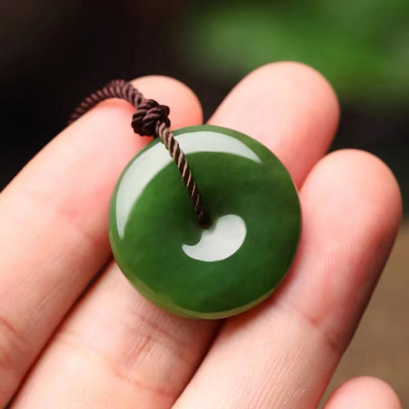 Natural Hetian Green Nephrite Chinese「Ping An Kou」Pendant Necklace for Women and Men