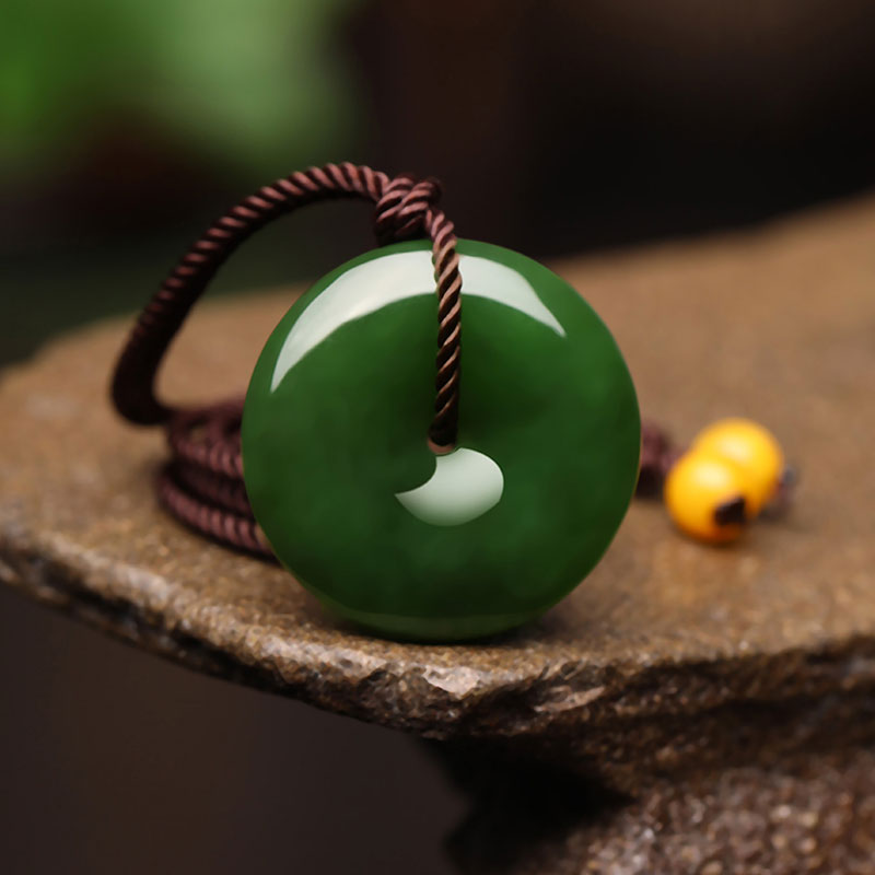 Emerald Green Natural Jadeite Jade Chinese「Ping An Kou」Pendant Necklace for Women and Men