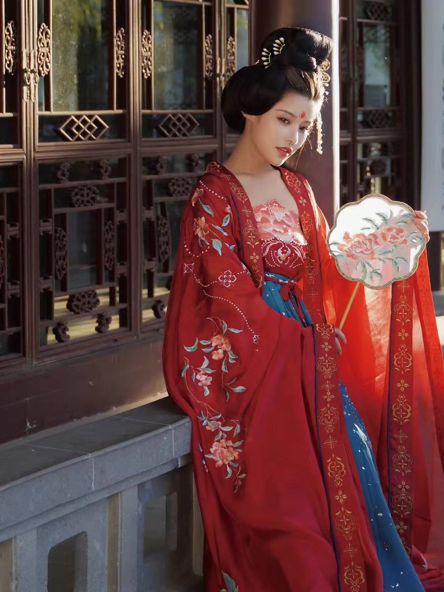 BlueDail Pure Hand Broderie Yang Guifei「Apporter une gloire et une richesse sans fin」Pivoine prospère brodée de style Tang Vêtements Hanfu à usage quotidien