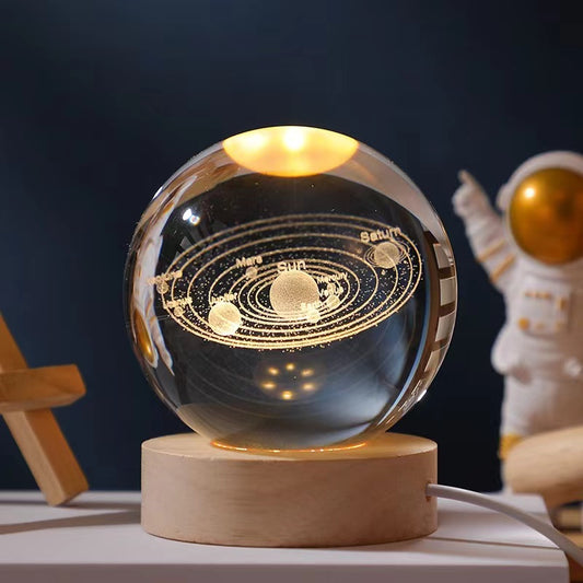 Space Odyssey Creative Table Lamp 3D Galaxy Solar System Wood Base Crystal Ball Night Light with USB Interface Birthday Gift