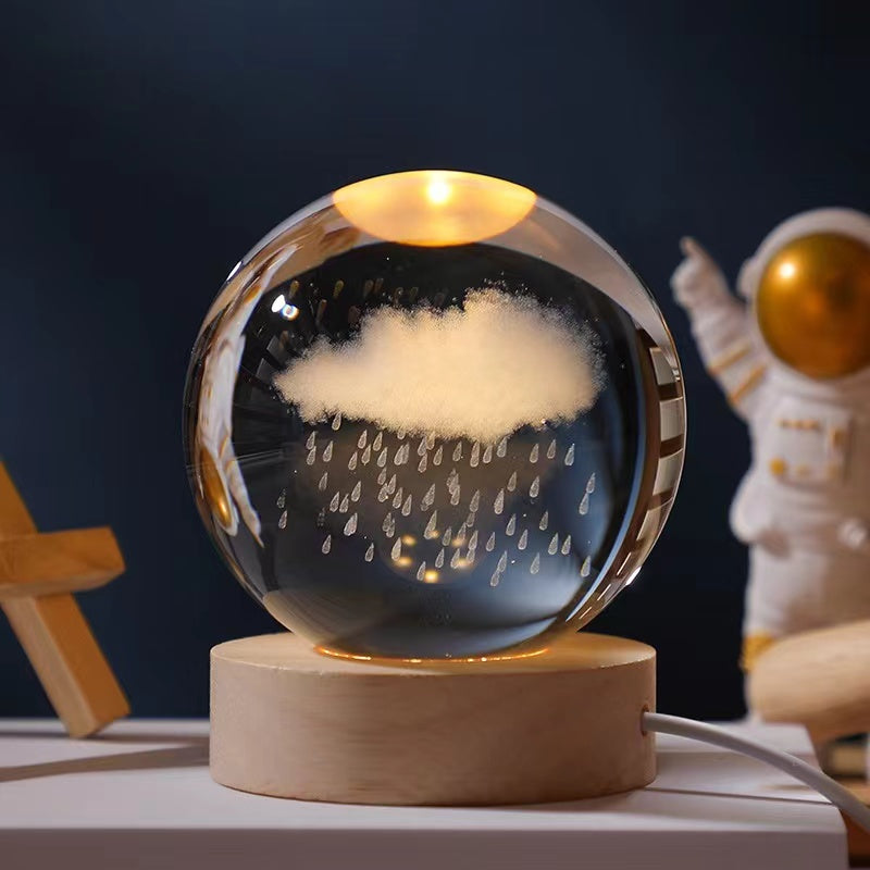 Space Odyssey Lampe de table créative 3D Galaxy Système solaire Base en bois Boule de cristal Veilleuse avec interface USB Cadeau d'anniversaire