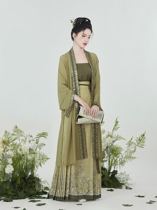 Olive Chinese Style Vintage Floral Embroidery Morden Hanfu Skirt Set