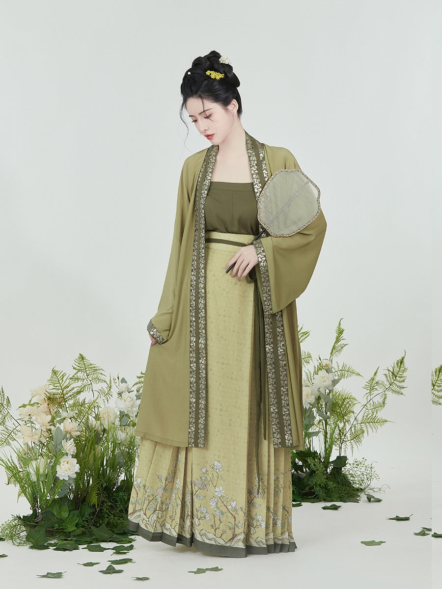 Olive Chinese Style Vintage Floral Embroidery Morden Hanfu Skirt Set