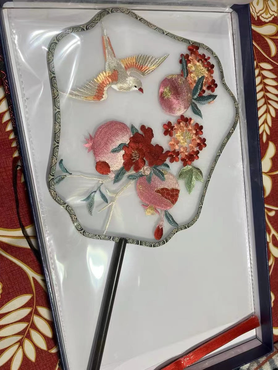Red Pomegranate Flower and Bird - Single Side Embroidered Decorative Fan Chinese Gift-04