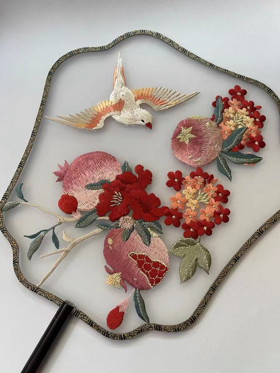 Red Pomegranate Flower and Bird - Single Side Embroidered Decorative Fan Chinese Gift-06