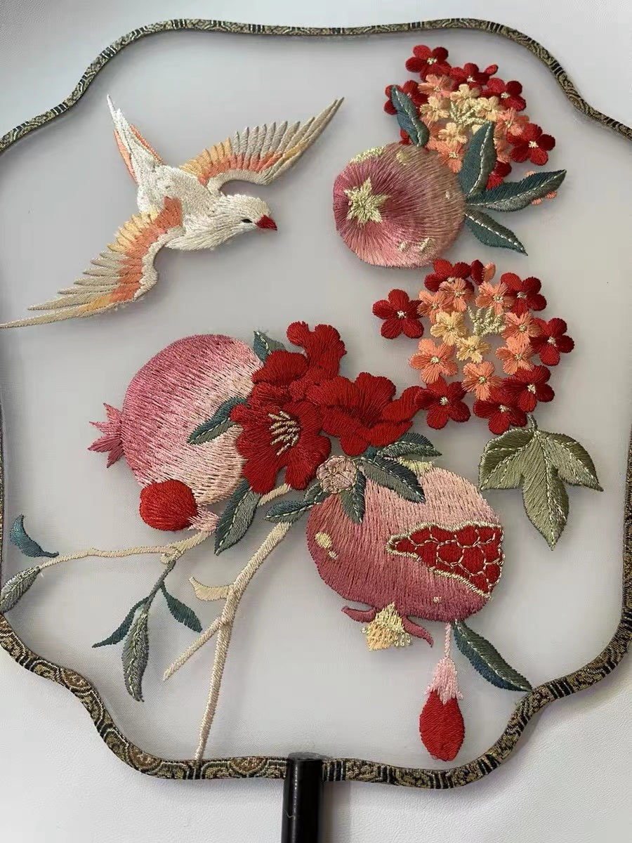 Red Pomegranate Flower and Bird - Single Side Embroidered Decorative Fan Chinese Gift-03